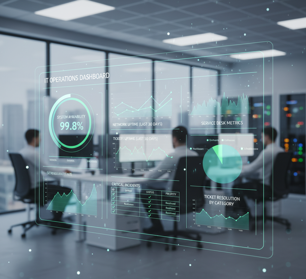 Operations dashboard showing ITSM metrics and availability charts